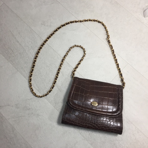 American Tourister Handbags - Crossbody Purse Brown Gold Faux Croc Alligator Vtg